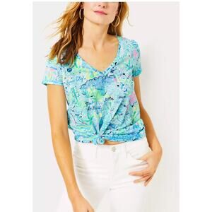 Lilly Pulitzer Texas Print V-Neck Tee, Lone Star Dallas Houston Cowboy, Size XL